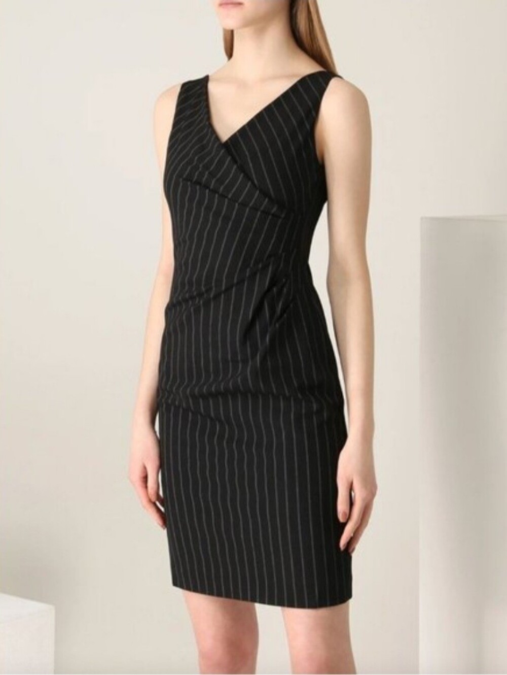 Armani Collezioni Black Pinstripe Sleeveless Sheath Dress